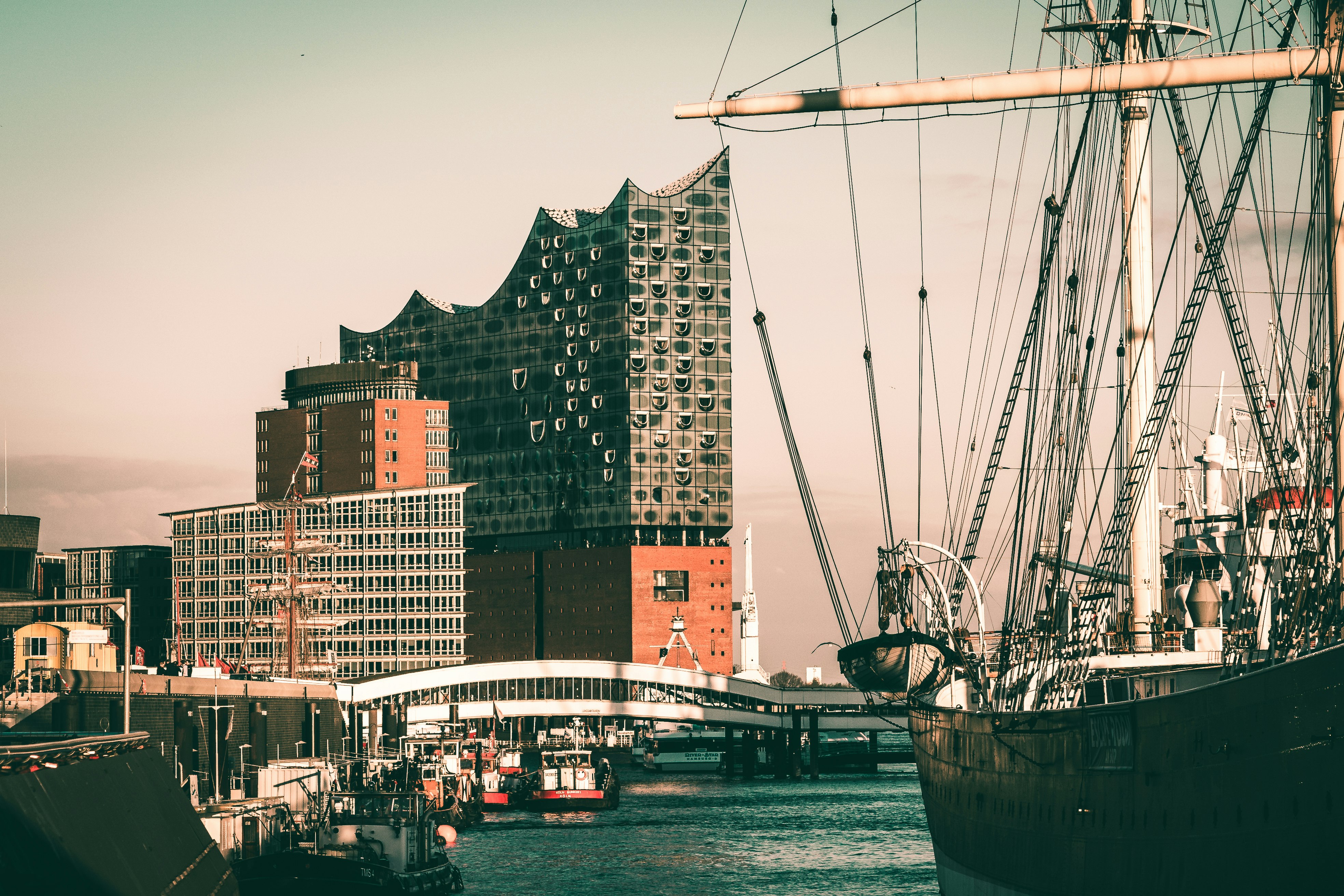 crane beside buildings and bridge